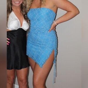 Blue lace strapless mini dress. “Traveling first class lace mini dress blue”